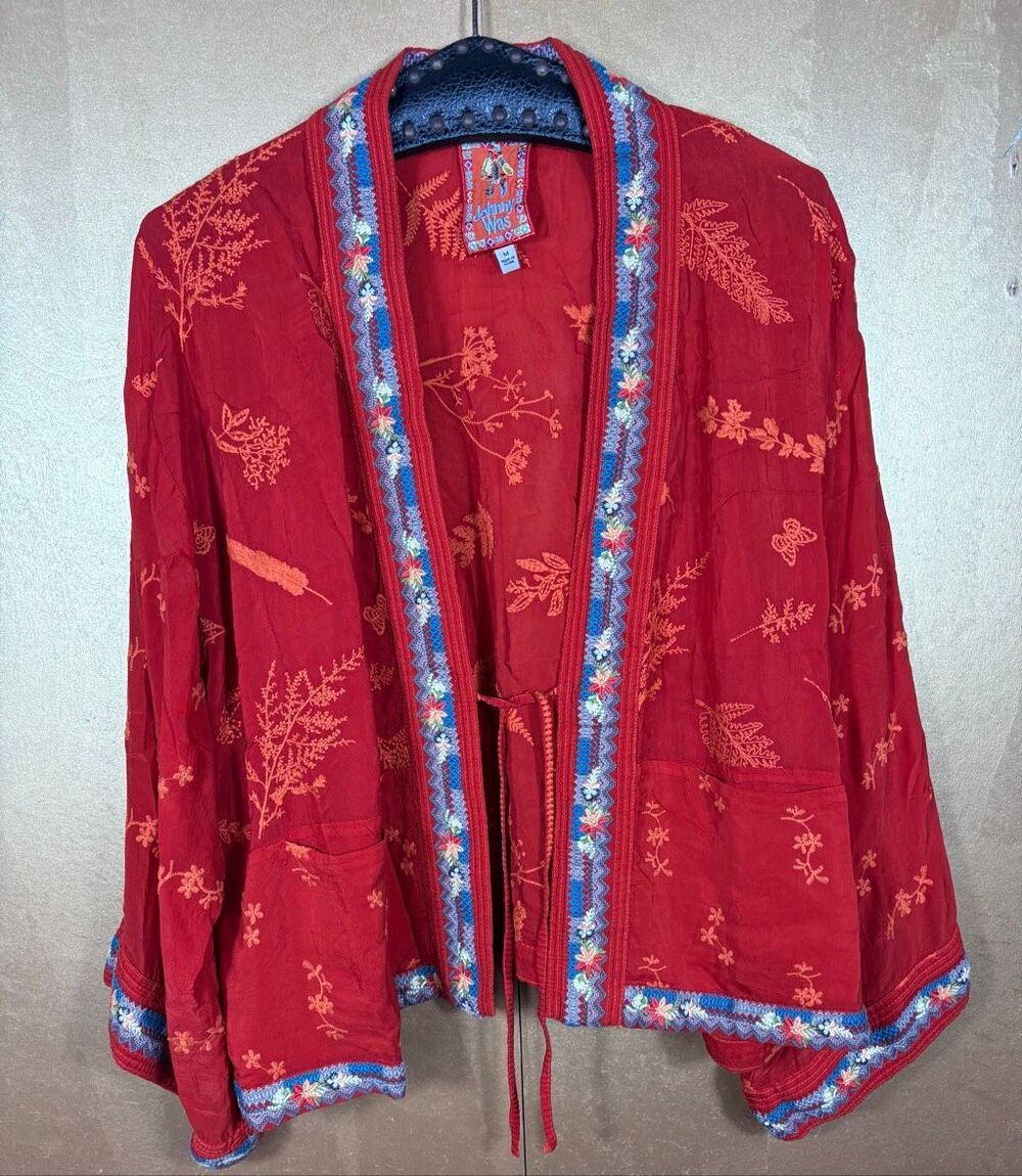 Johnny Was Fern Danica Boho Chic Self-tie Kimono Jacket Cayenne size M